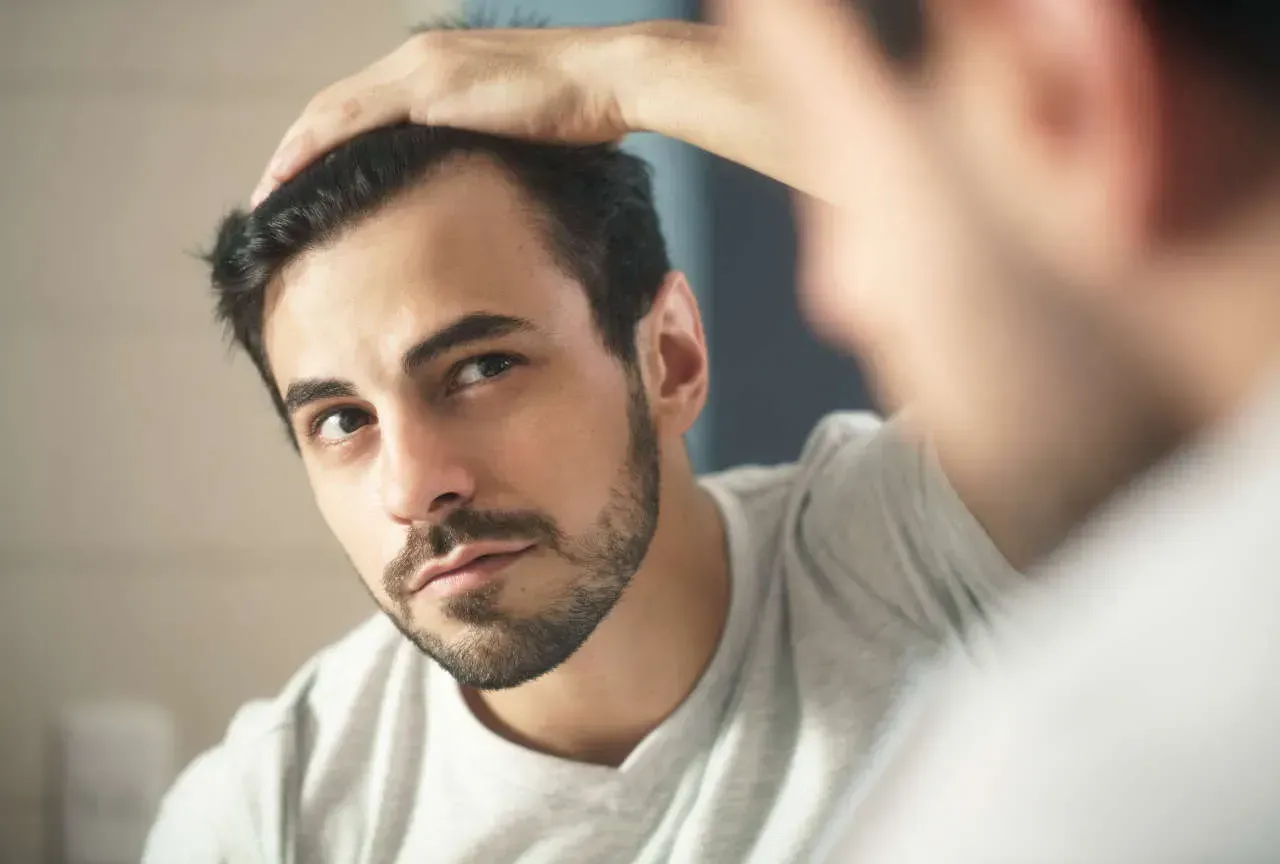 Man grooming hair in front of mirror.